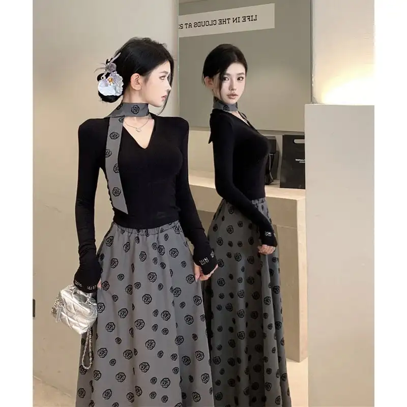 セットアップ トップス+スカート 大振裾 Vネック カジュアル 花柄