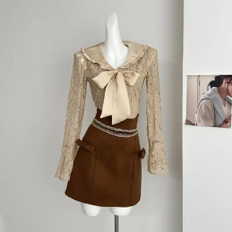 セットアップ トップス+スカート レース リボン スウィート 長袖