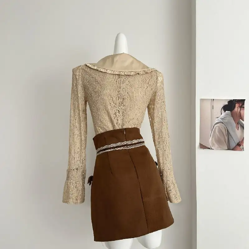 セットアップ トップス+スカート レース リボン スウィート 長袖