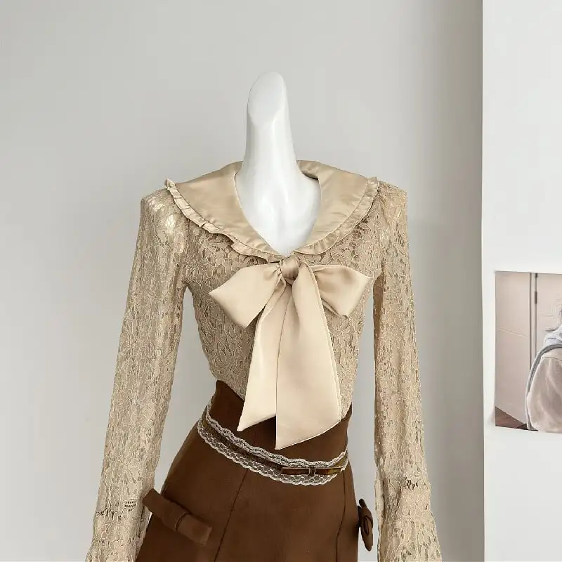 セットアップ トップス+スカート レース リボン スウィート 長袖