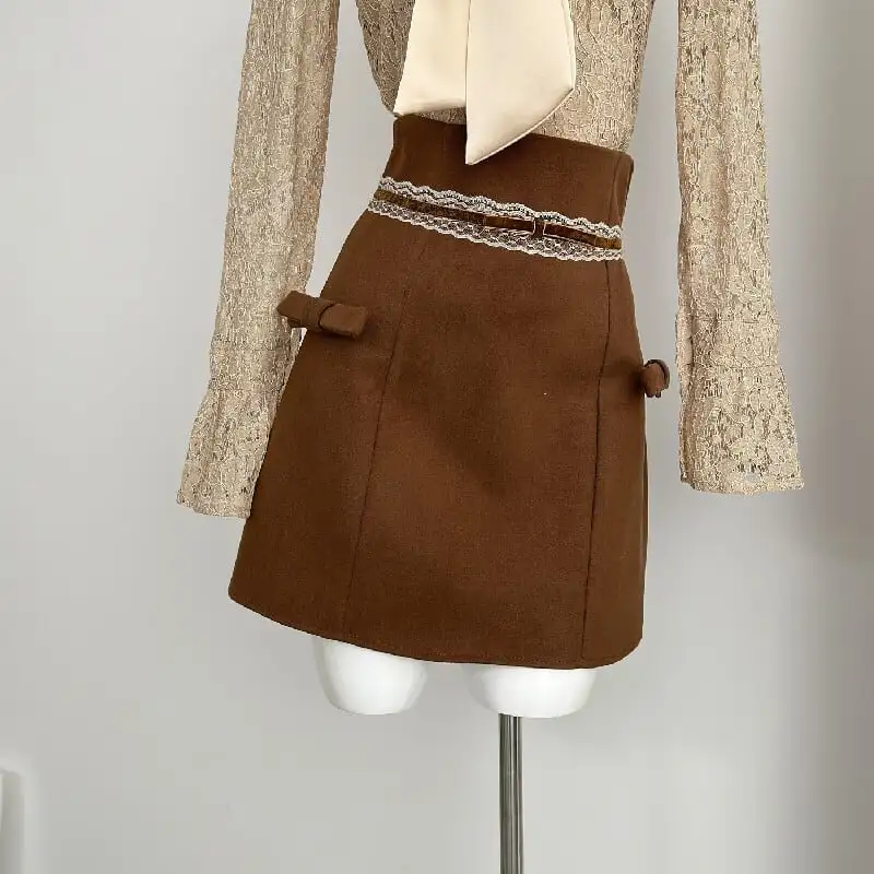 セットアップ トップス+スカート レース リボン スウィート 長袖