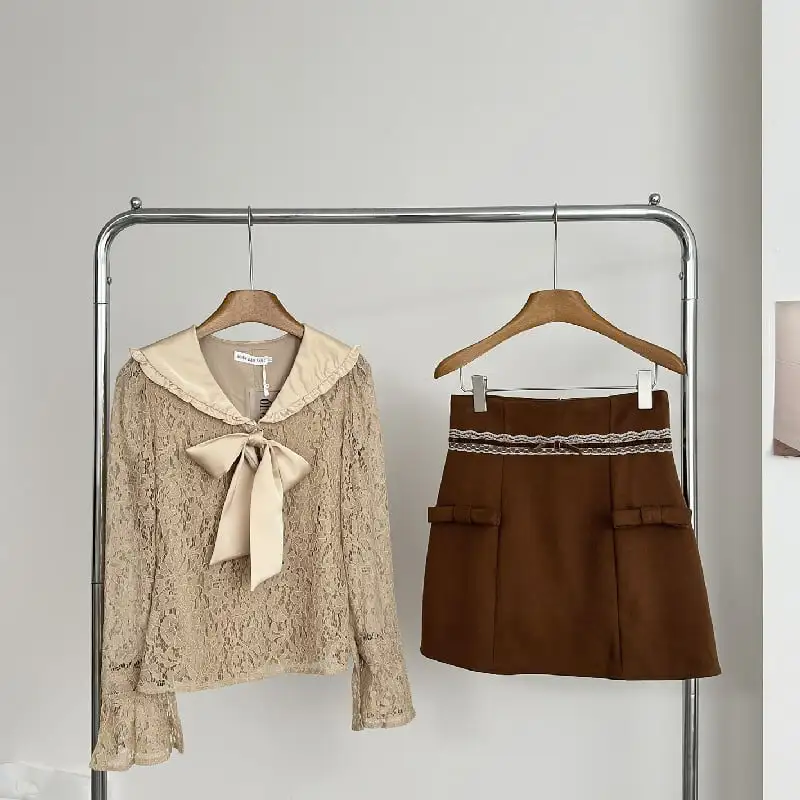 セットアップ トップス+スカート レース リボン スウィート 長袖