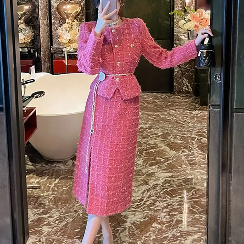 セットアップ ジャケット+スカート ツイード 綺麗め ローズ色