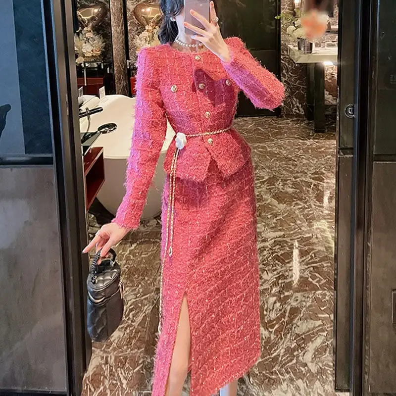 セットアップ ジャケット+スカート ツイード 綺麗め ローズ色