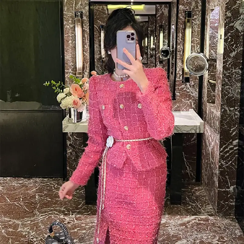 セットアップ ジャケット+スカート ツイード 綺麗め ローズ色