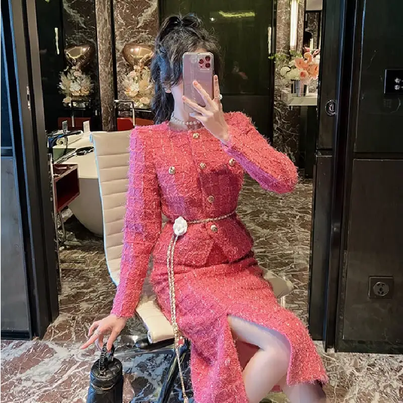 セットアップ ジャケット+スカート ツイード 綺麗め ローズ色