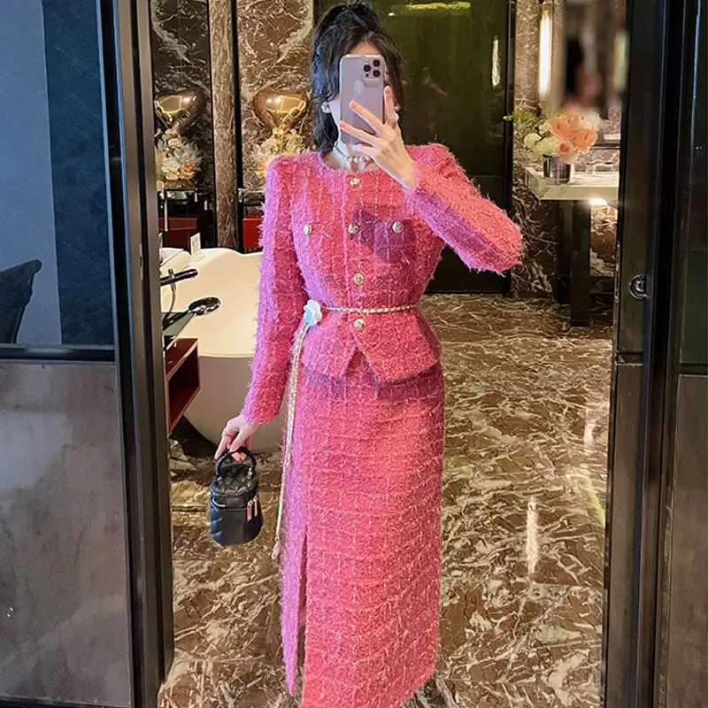 セットアップ ジャケット+スカート ツイード 綺麗め ローズ色