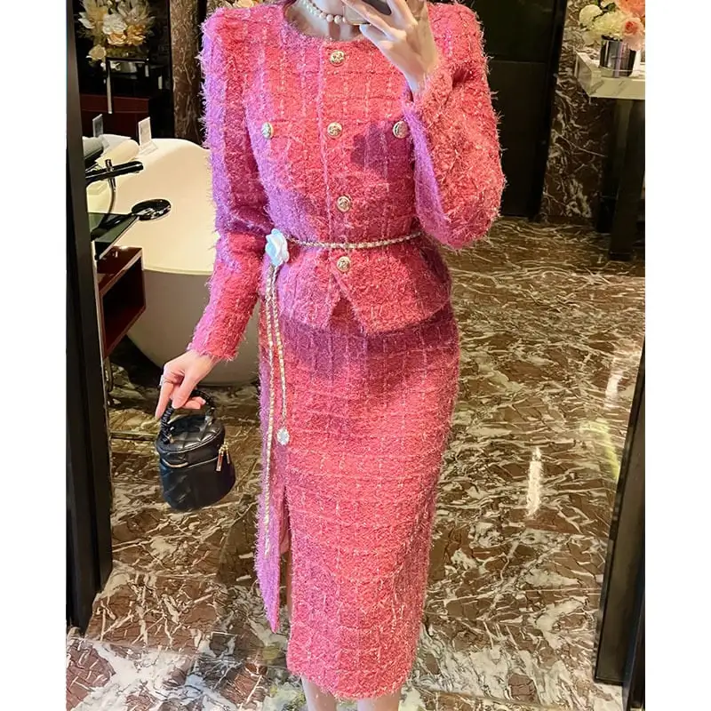 セットアップ ジャケット+スカート ツイード 綺麗め ローズ色