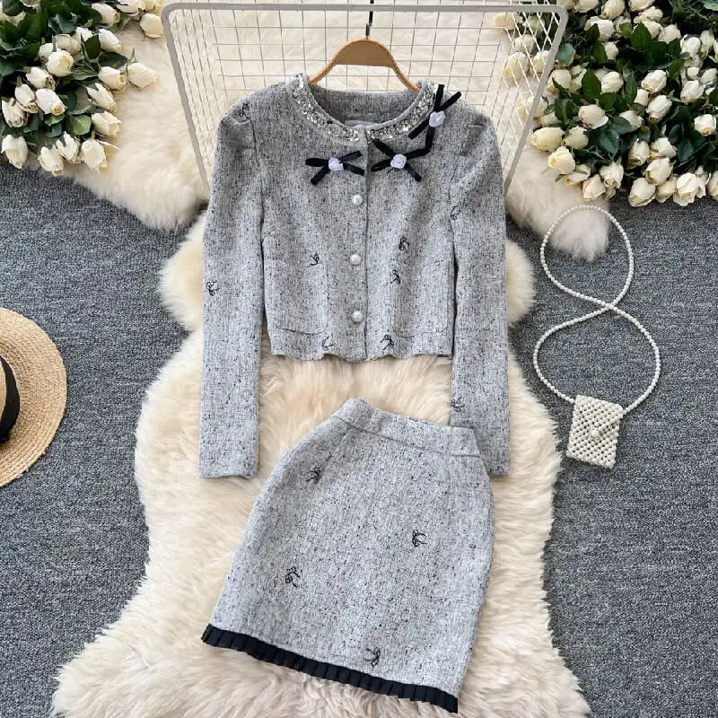 セットアップ ジャケット+スカート 刺繡 スパンコール 長袖