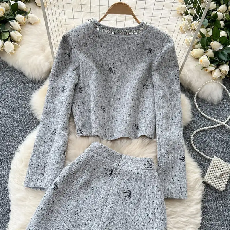 セットアップ ジャケット+スカート 刺繡 スパンコール 長袖