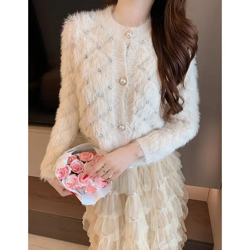 セットアップ セーター+スカート 2色展開 ラインストーン ライトベージュ ライトブラウン