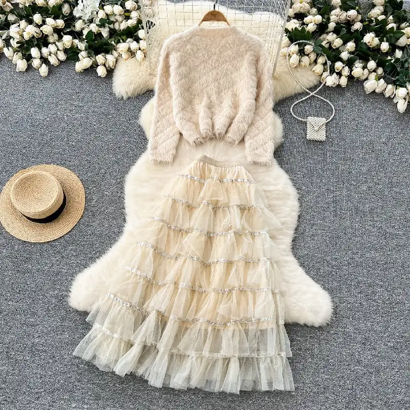 セットアップ セーター+スカート 2色展開 ラインストーン ライトベージュ ライトブラウン