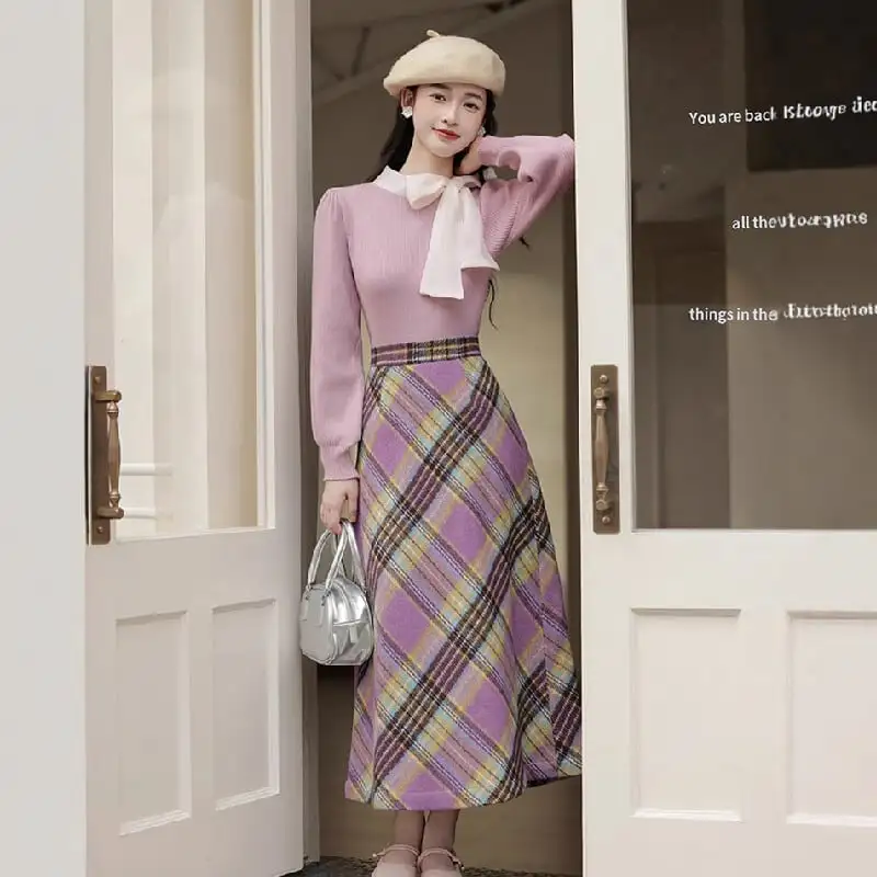 セットアップ トップス+スカート エレガント チェック柄