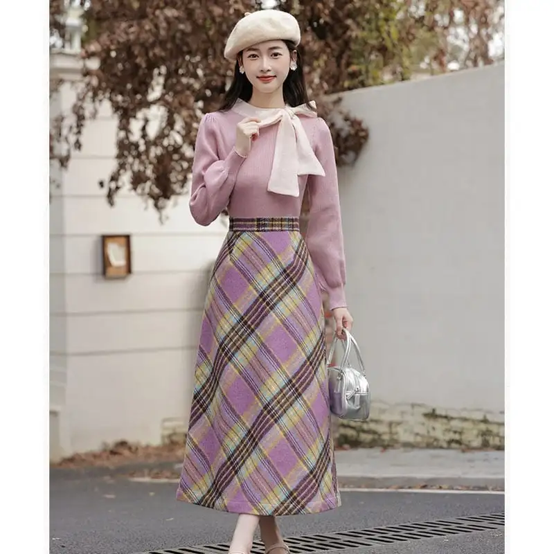 セットアップ トップス+スカート エレガント チェック柄