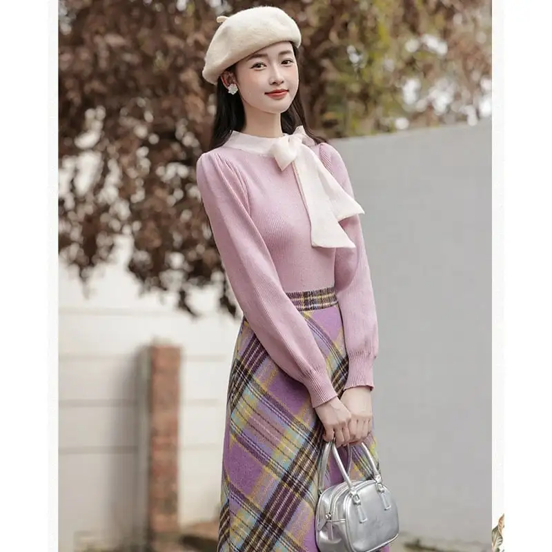 セットアップ トップス+スカート エレガント チェック柄