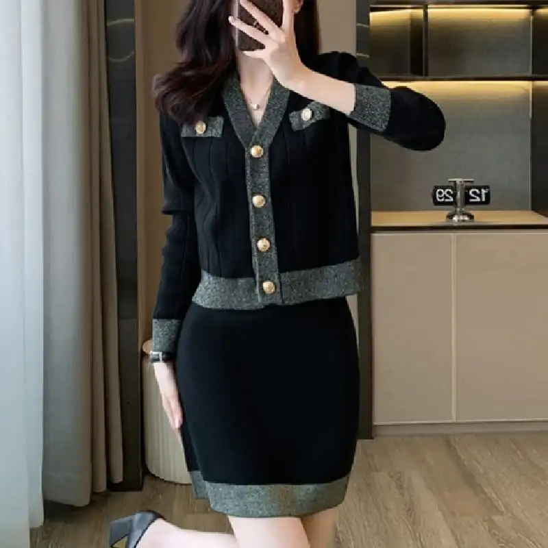 セットアップ ニット トップス+スカート Vネック シンプル ブラック