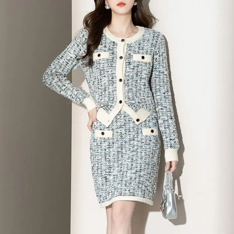 セットアップ トップス+スカート ニット 配色 長袖 気質溢れる 通勤