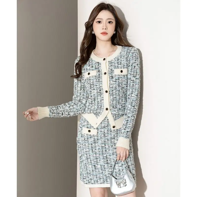 セットアップ トップス+スカート ニット 配色 長袖 気質溢れる 通勤