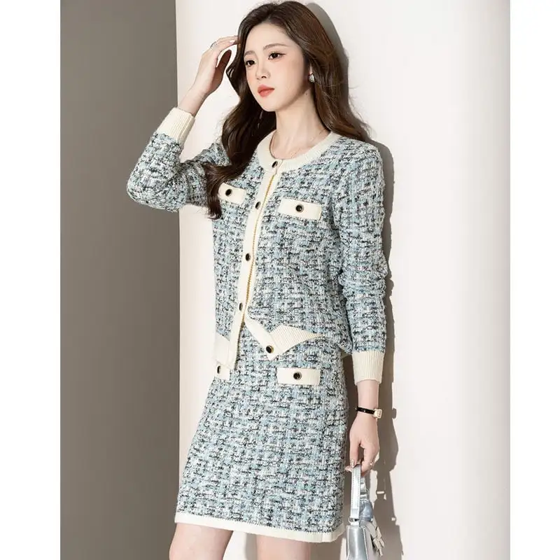 セットアップ トップス+スカート ニット 配色 長袖 気質溢れる 通勤