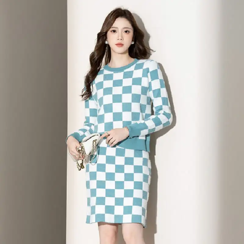 セットアップ トップス+スカート ニット ラウンドネック チェック柄