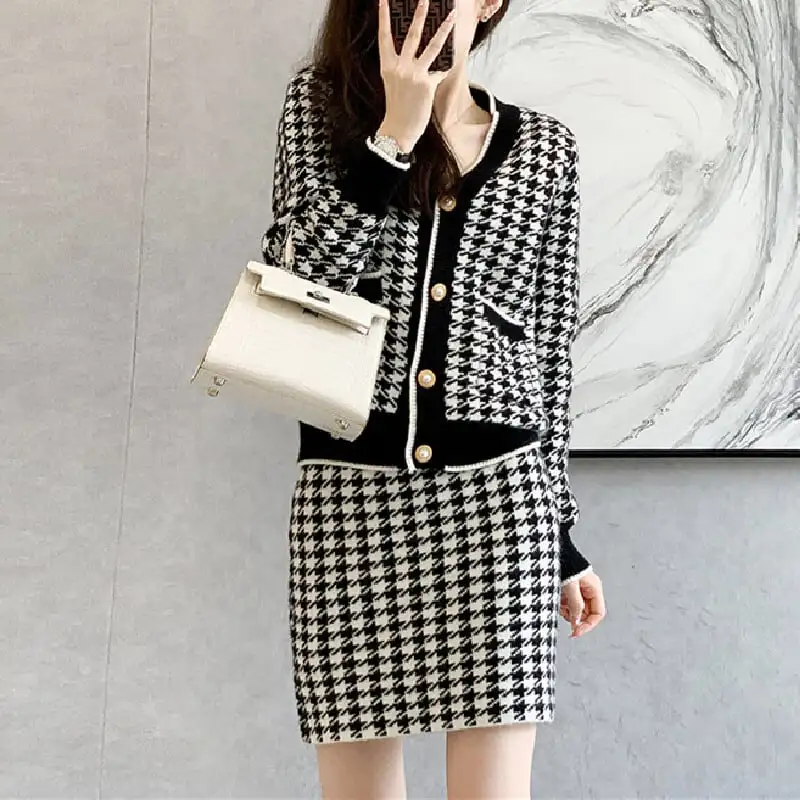 セットアップ トップス+スカート ニット 千鳥格子柄 Vネック 通勤