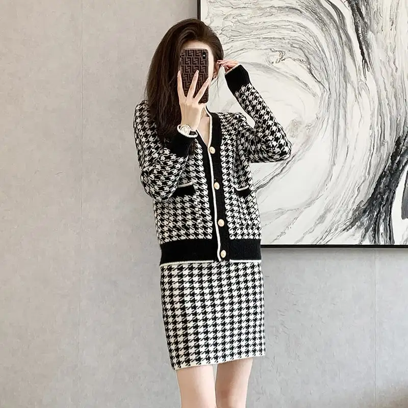 セットアップ トップス+スカート ニット 千鳥格子柄 Vネック 通勤