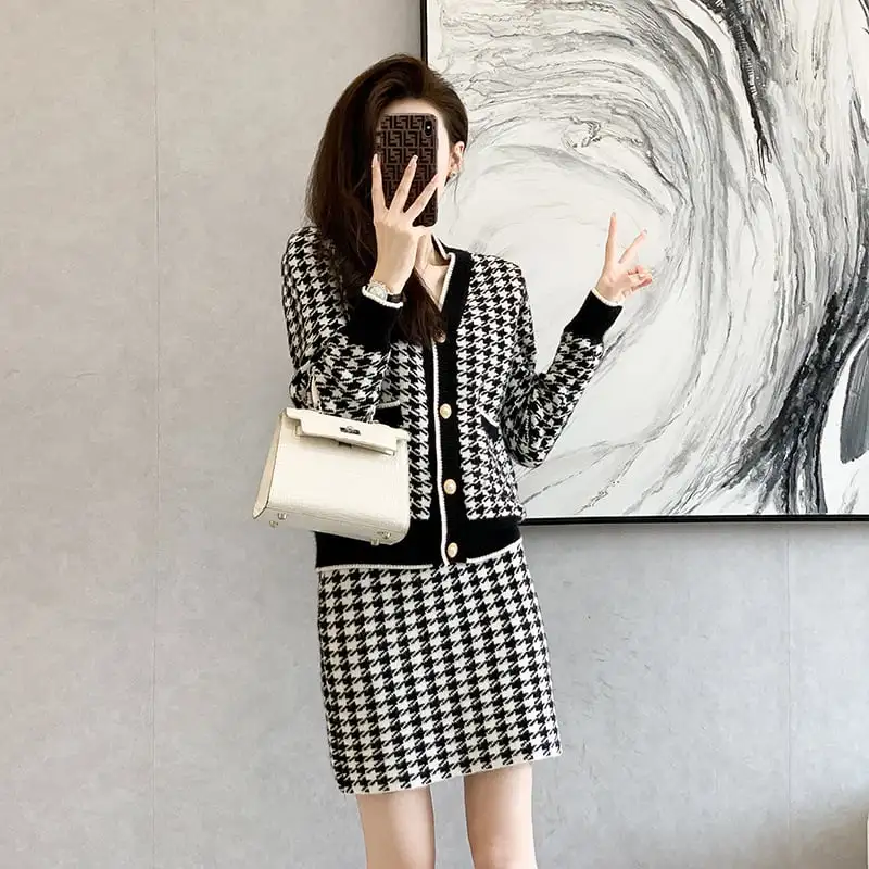 セットアップ トップス+スカート ニット 千鳥格子柄 Vネック 通勤