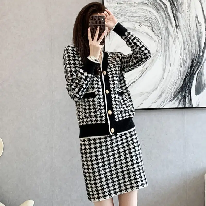 セットアップ トップス+スカート ニット 千鳥格子柄 Vネック 通勤