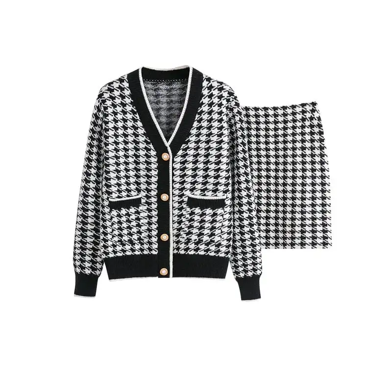 セットアップ トップス+スカート ニット 千鳥格子柄 Vネック 通勤