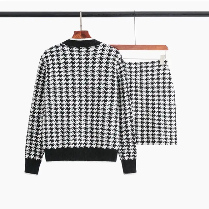 セットアップ トップス+スカート ニット 千鳥格子柄 Vネック 通勤