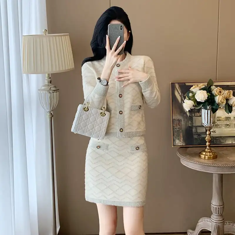 セットアップ トップス+スカート ニット 洗練される フェミニン ベージュ