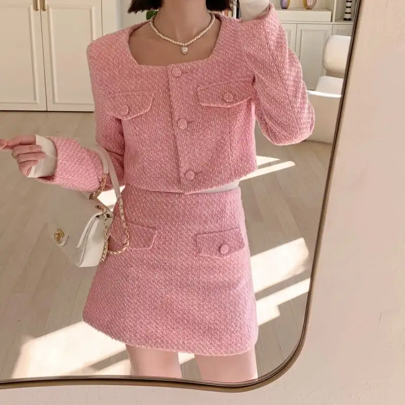 セットアップ ジャケット+スカート 3色展開 スクエアネック シングルブレスト