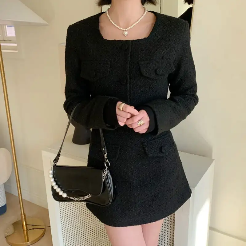 セットアップ ジャケット+スカート 3色展開 スクエアネック シングルブレスト