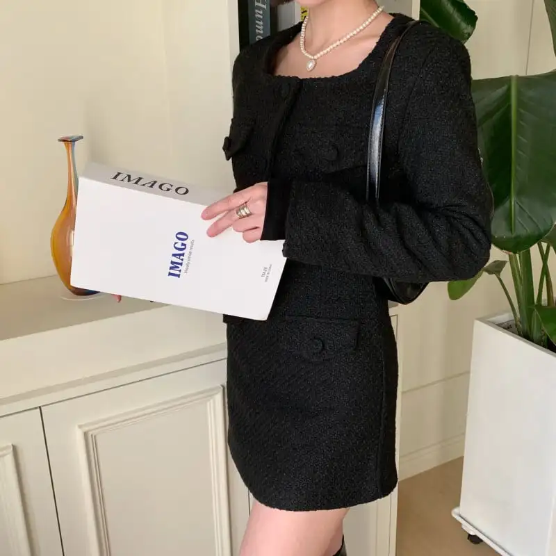 セットアップ ジャケット+スカート 3色展開 スクエアネック シングルブレスト