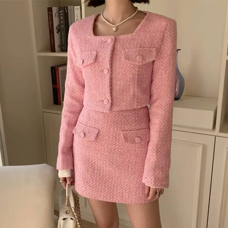 セットアップ ジャケット+スカート 3色展開 スクエアネック シングルブレスト