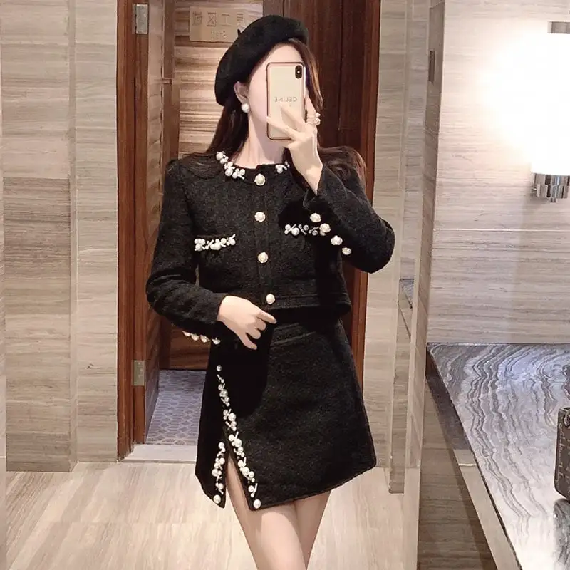 セットアップ ジャケット+スカート ツイード パール飾り 長袖