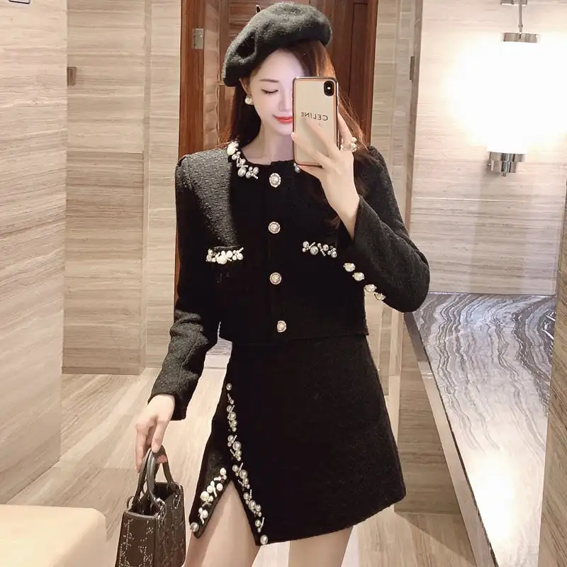 セットアップ ジャケット+スカート ツイード パール飾り 長袖