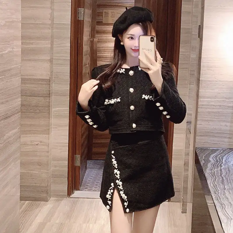 セットアップ ジャケット+スカート ツイード パール飾り 長袖