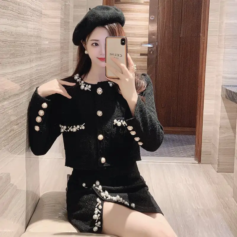 セットアップ ジャケット+スカート ツイード パール飾り 長袖