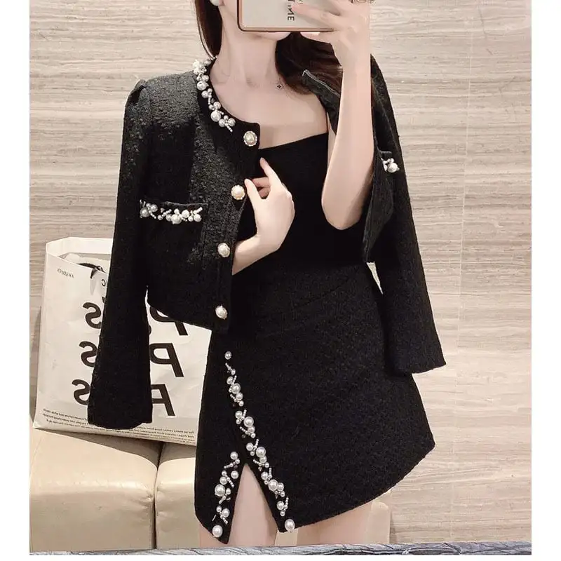 セットアップ ジャケット+スカート ツイード パール飾り 長袖