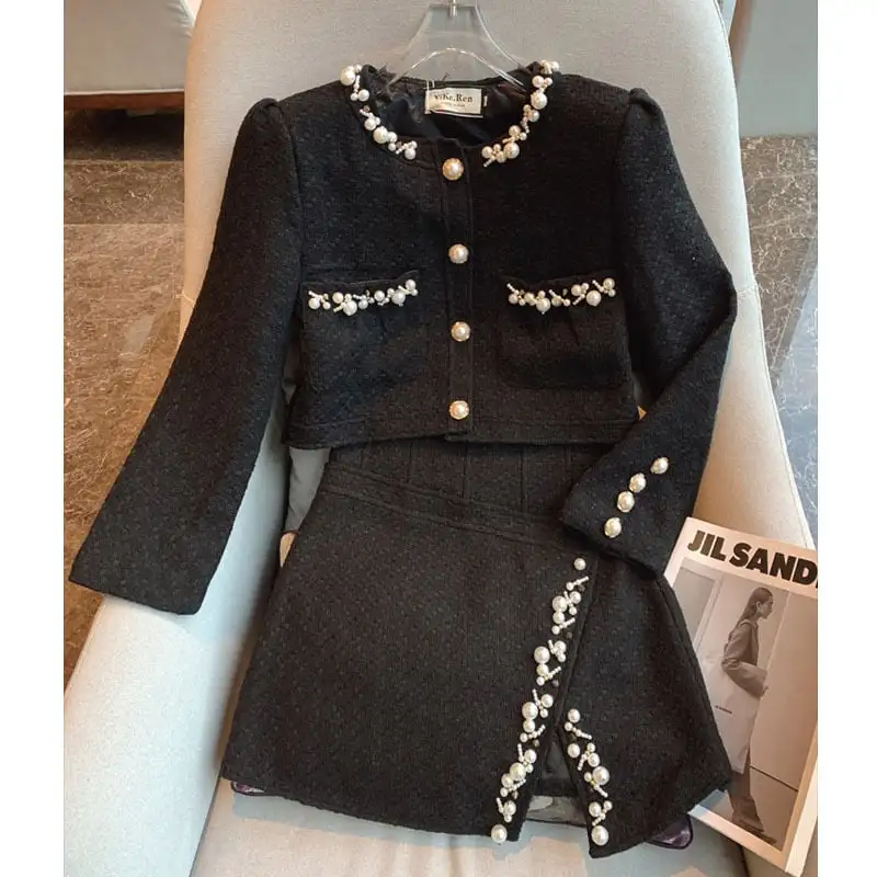 セットアップ ジャケット+スカート ツイード パール飾り 長袖