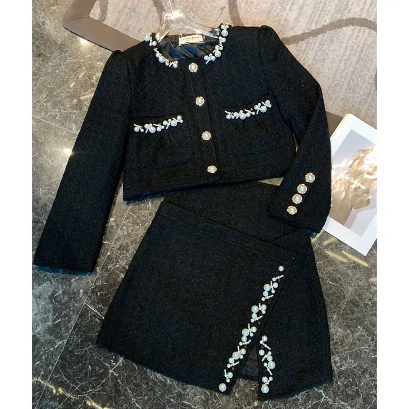 セットアップ ジャケット+スカート ツイード パール飾り 長袖