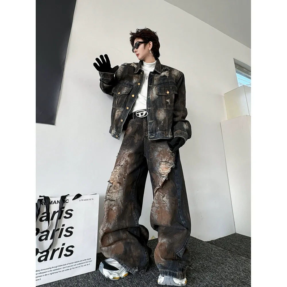 セットアップ カジュアル カッコイイ ダメージ ジャケット+デニムパンツ