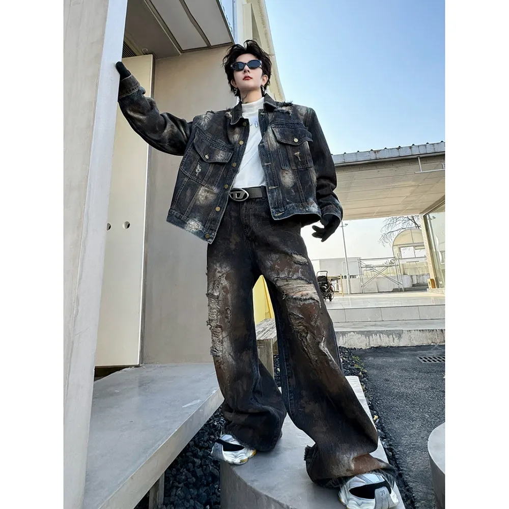 セットアップ カジュアル カッコイイ ダメージ ジャケット+デニムパンツ
