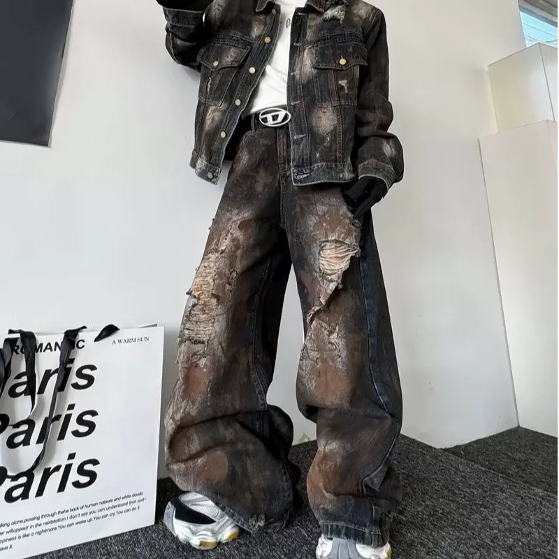 セットアップ カジュアル カッコイイ ダメージ ジャケット+デニムパンツ