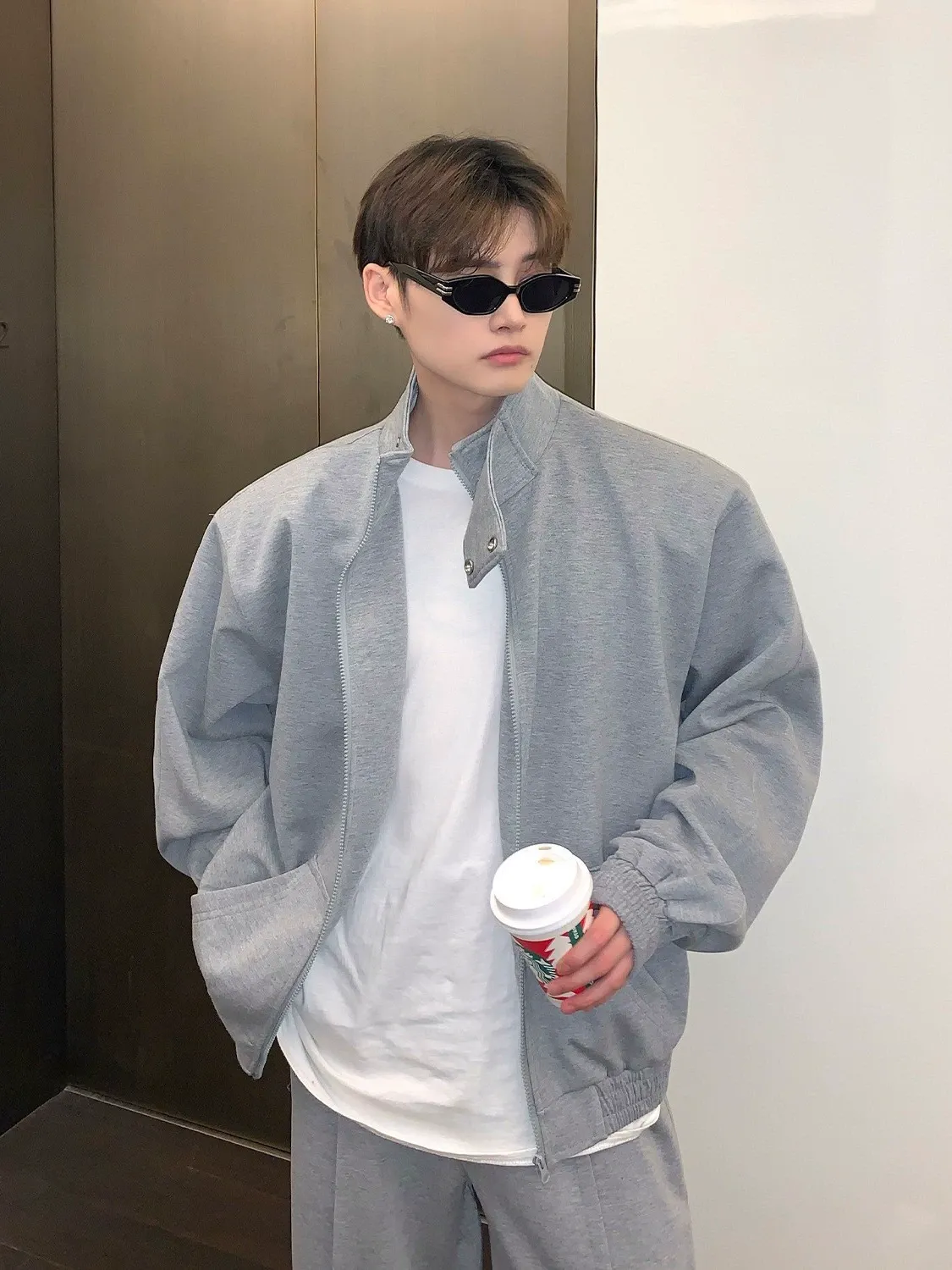 セットアップ デザイン感 カジュアル スタンドネック アウター+ルーズ 長ズボン