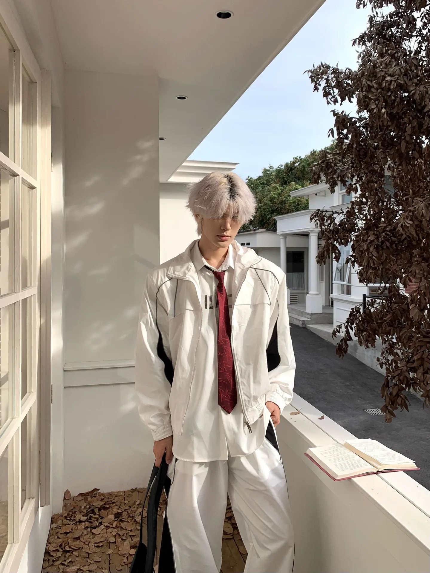 セットアップ バイカラー カジュアル スタンドネック シンプル ジャケット+ワイドパンツ