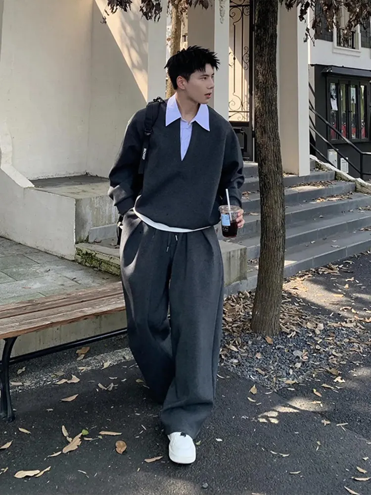 セットアップ フェイクレイヤード カジュアル トレーナー+長ズボン セット