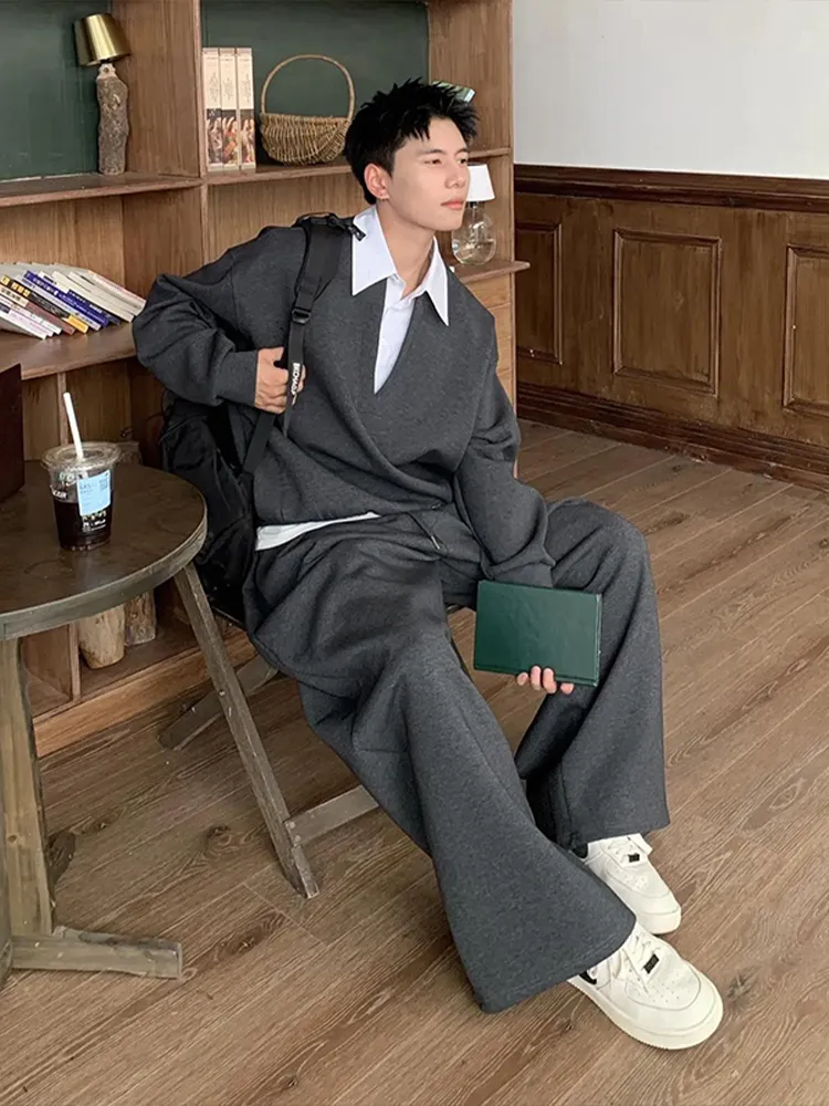 セットアップ フェイクレイヤード カジュアル トレーナー+長ズボン セット