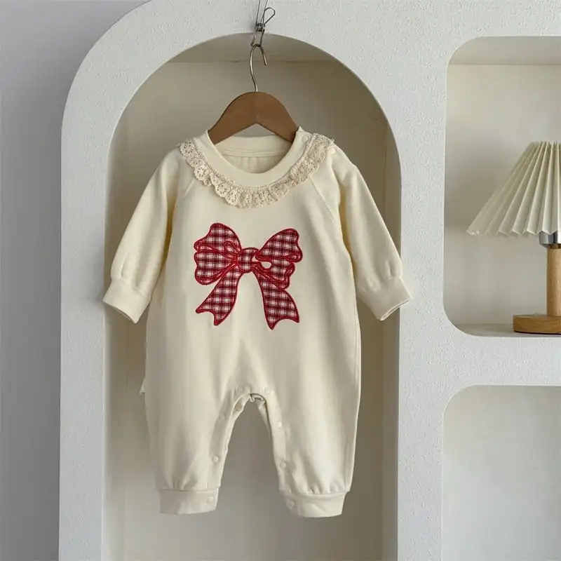 【66-100cm】レッド蝶結びプリントロンパース